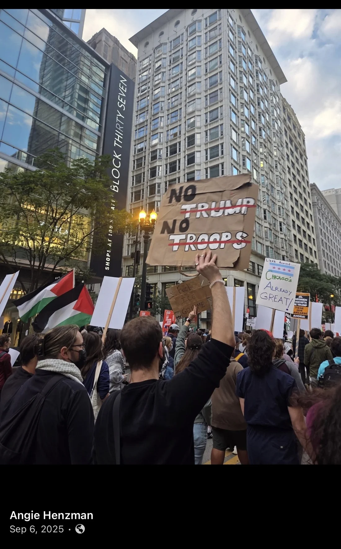 Facebook photographs posted by Henzman show the Chicago protest; page 3 includes the quoted crowd sign.