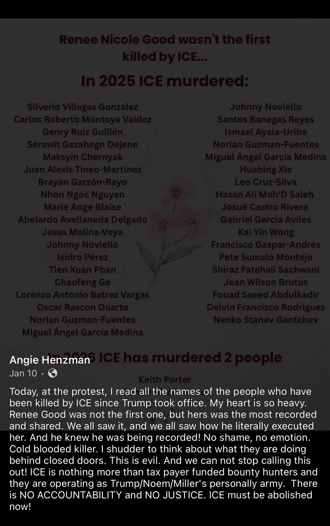 A caption labeled Angie Henzman ends with a call to abolish ICE.