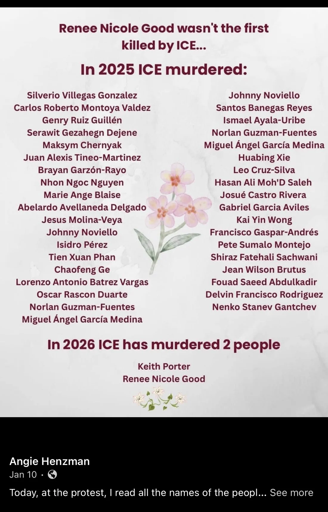 Facebook screenshot of Henzman’s protest-related caption calling for ICE abolition.