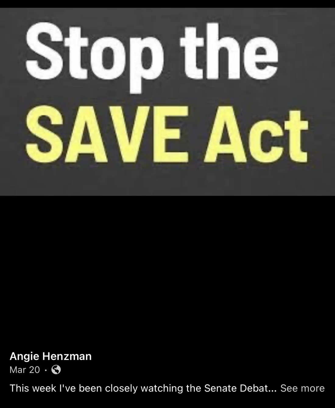Henzman’s Facebook post shows a graphic reading “Stop the SAVE Act.”