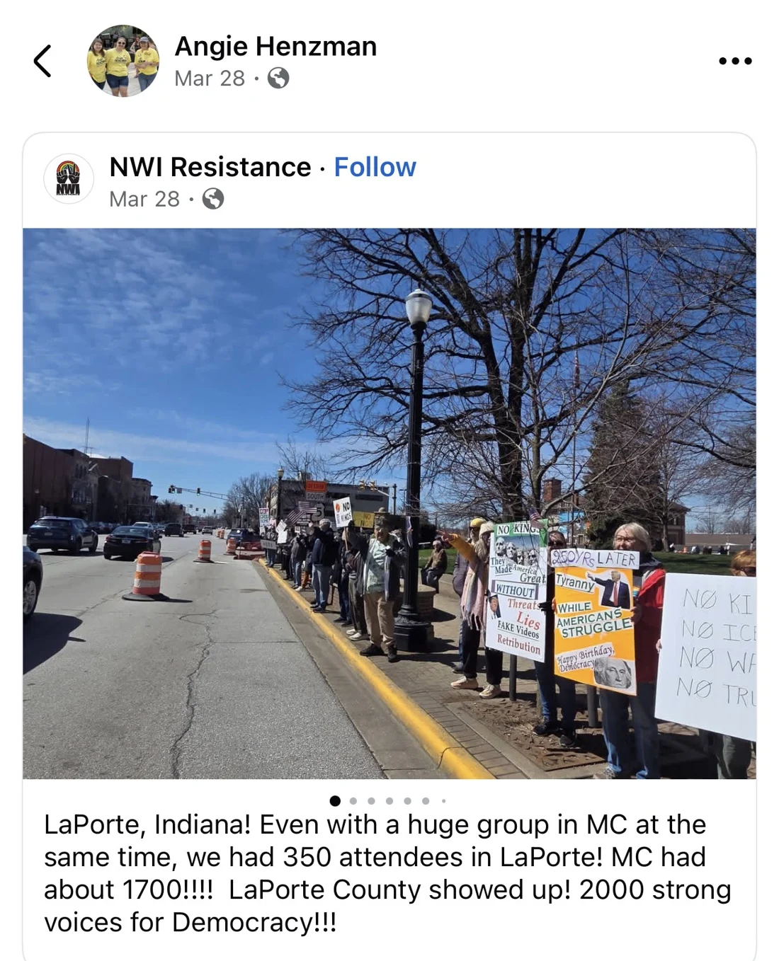 Henzman shared NWI Resistance’s claim that “LaPorte County showed up! 2000 strong voices for Democracy!!!”