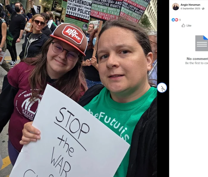 A Facebook post screenshot shows a street protest crowd and a foreground placard reading "STOP the WAR". The visible header identifies Angie Henzman and dates the post 6 September 2025.