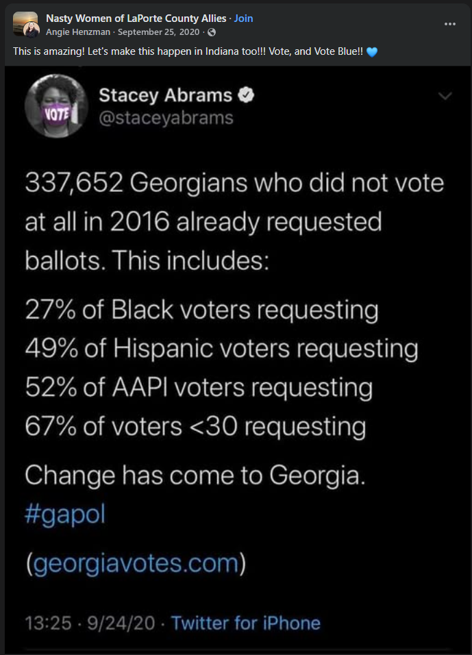 Henzman’s post in Nasty Women of LaPorte County Allies encourages Vote Blue and reposts a Stacey Abrams ballot-request graphic.