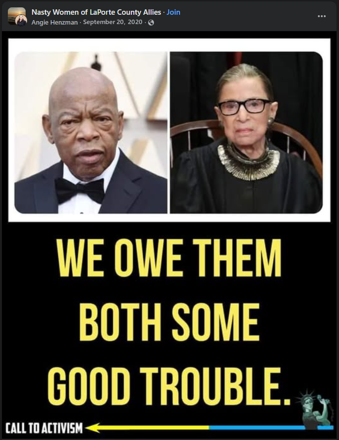 Henzman’s post shares a Call to Activism graphic saying WE OWE THEM BOTH SOME GOOD TROUBLE.