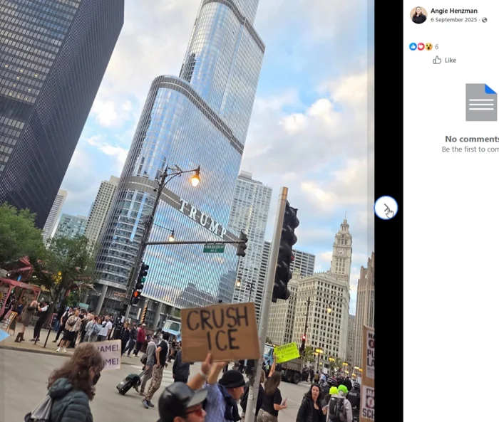 A crowd stands near Trump Tower in Chicago, where a person holds a cardboard sign reading "CRUSH ICE."