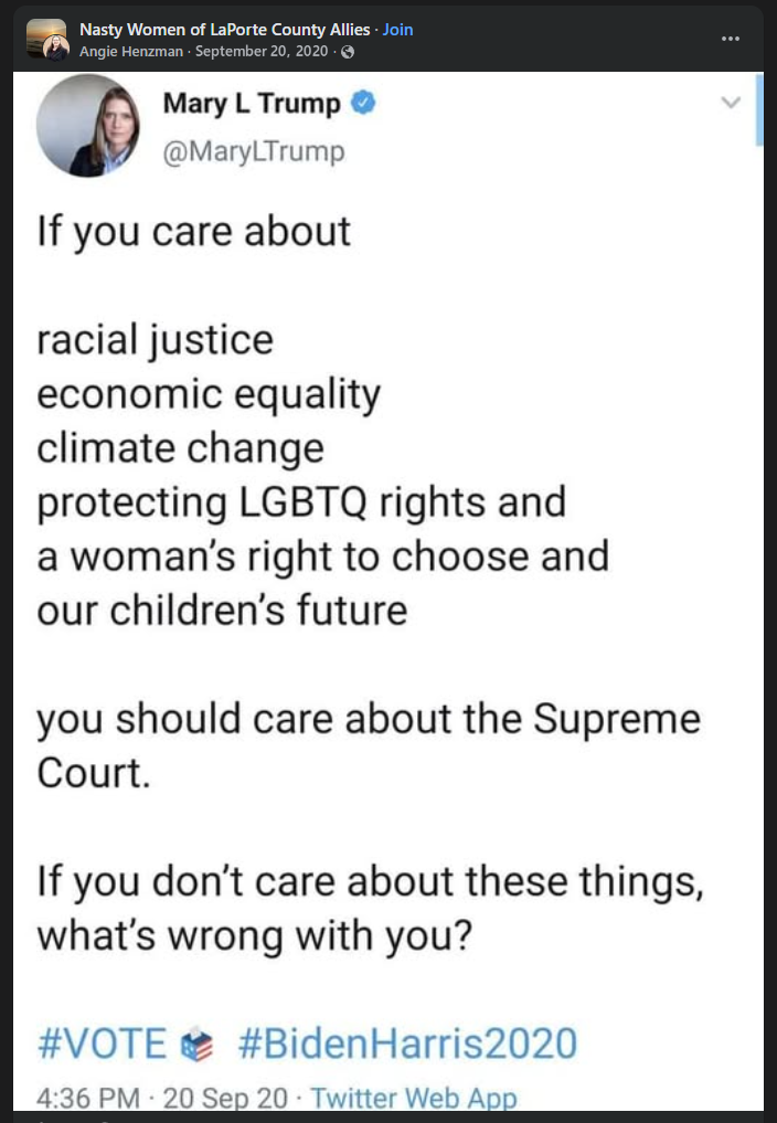 Henzman’s post shares Mary L Trump wording about racial justice, economic equality, climate change, LGBTQ rights, a woman’s right to choose, and the Supreme Court.
