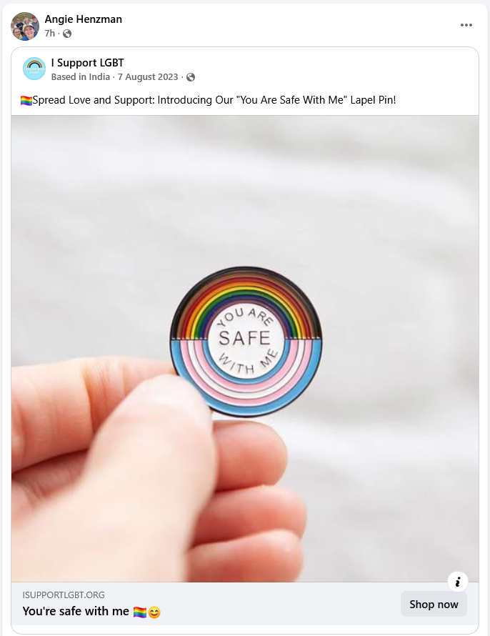 Henzman shared a I Support LGBT advertisement for a You Are Safe With Me lapel pin.