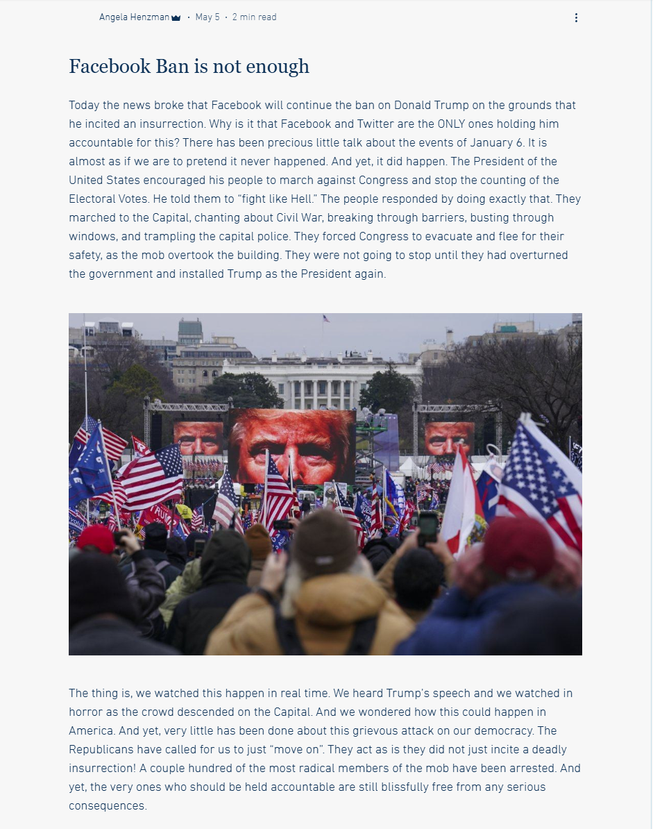 Henzman’s statement argues that a Facebook ban is insufficient accountability for Trump and those responsible for January 6.
