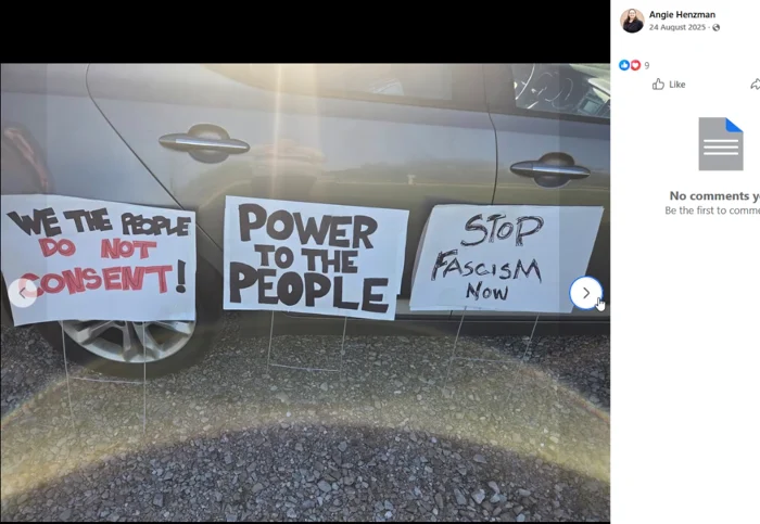 A Facebook viewer screenshot displays three protest placards propped beside a parked car. The signs read messages about consent, people power, and stopping fascism.