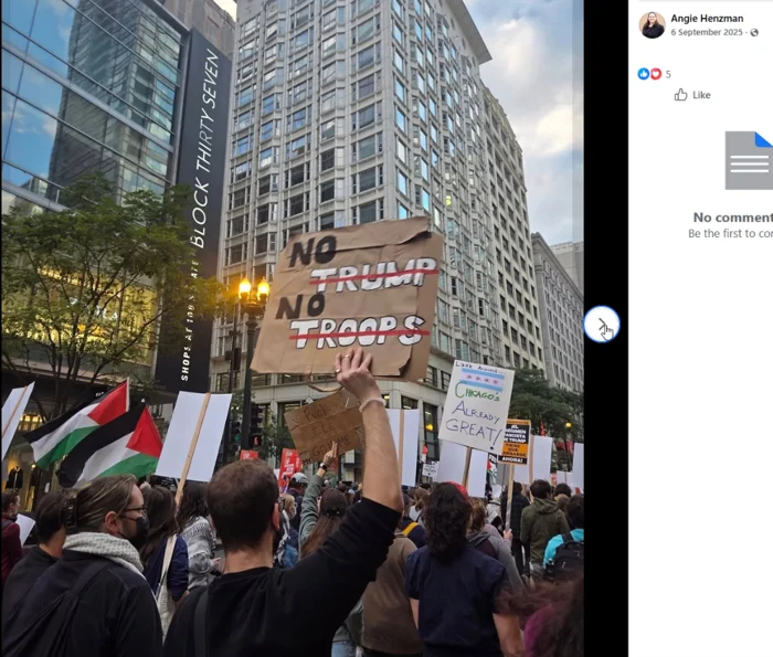 A street demonstration outside Block Thirty Seven in Chicago includes Palestinian flags and placards reading "NO TRUMP NO TROOPS" and "CHICAGO IS ALREADY GREAT!"