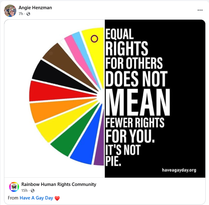 Henzman shared a Have A Gay Day graphic from Rainbow Human Rights Community: EQUAL RIGHTS FOR OTHERS DOES NOT MEAN FEWER RIGHTS FOR YOU.