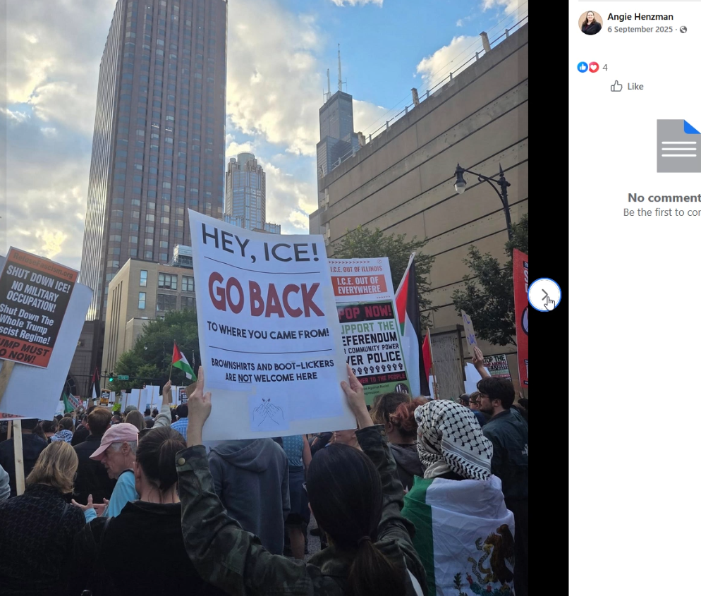 A crowded street protest is shown with anti-ICE placards; the central sign reads “HEY, ICE! GO BACK TO WHERE YOU CAME FROM!”