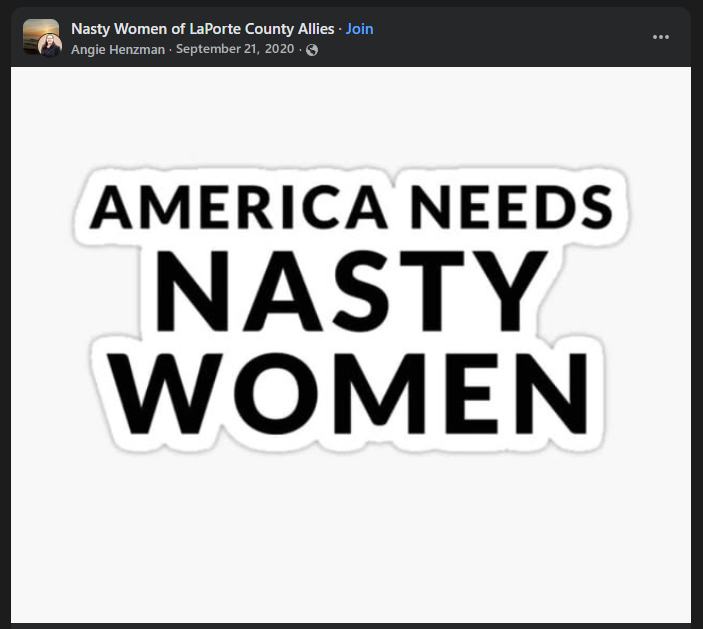 Henzman’s post in Nasty Women of LaPorte County Allies shares an AMERICA NEEDS NASTY WOMEN graphic.