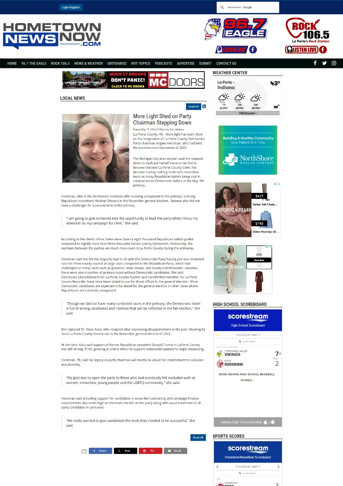 Saved Hometown News Now article covers Henzman resignation, her clerk campaign, primary turnout, and inclusion priorities.