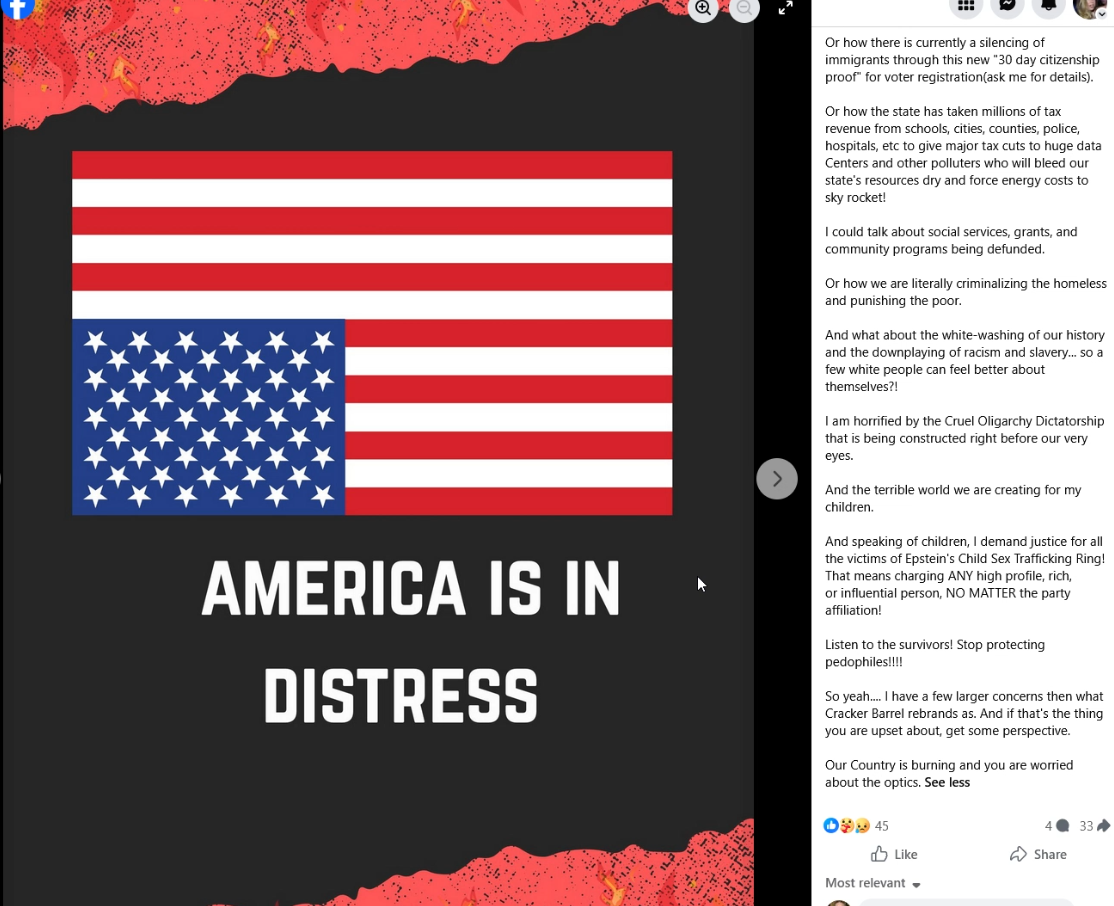 The caption continuation discusses citizenship proof for voter registration, data-center tax incentives, social services, homelessness, history, and justice for Epstein victims.