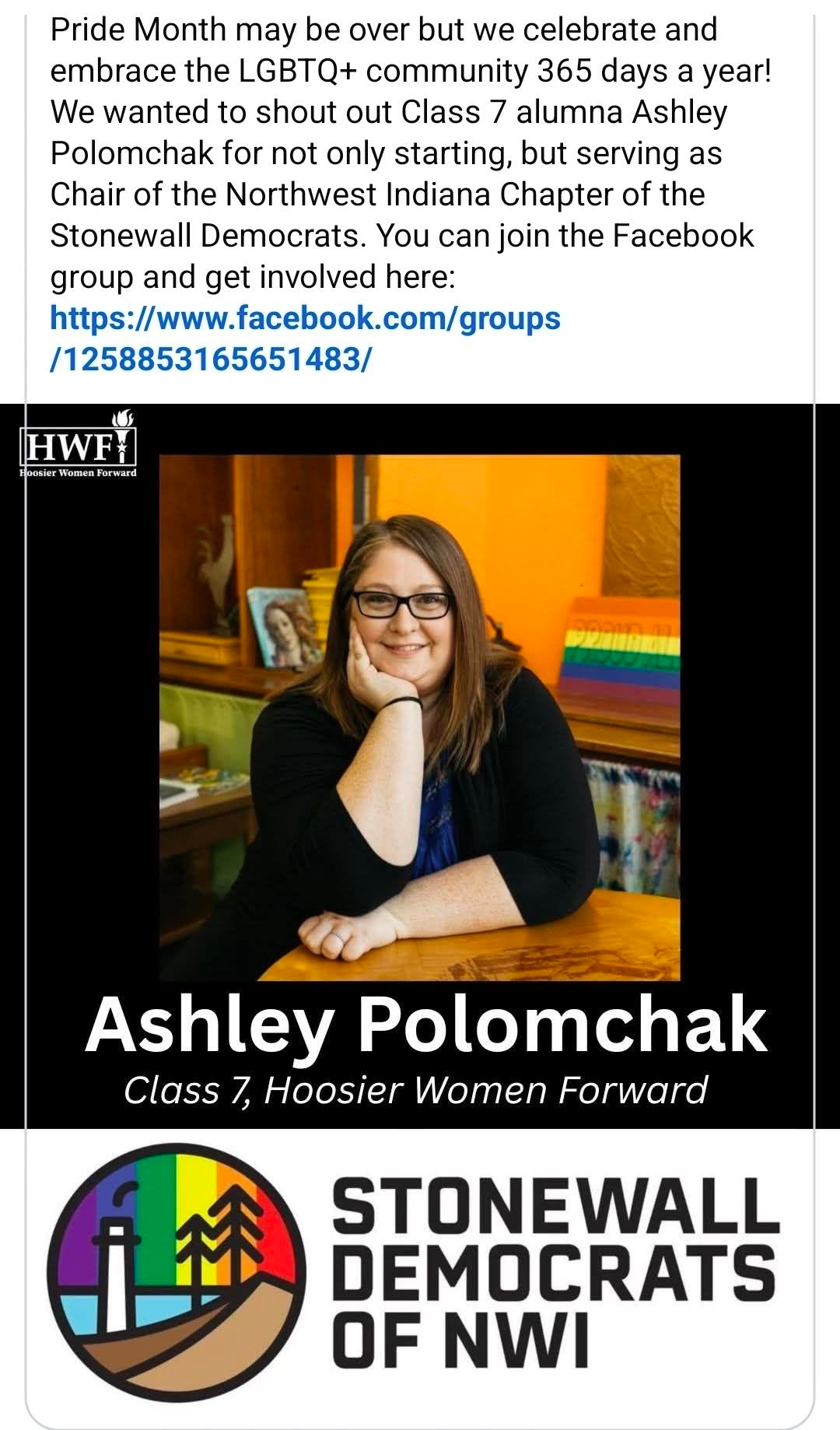 Hoosier Women Forward recognizes Ashley Polomchak as a Class 7 alumna and founder/chair of Stonewall Democrats of NWI.
