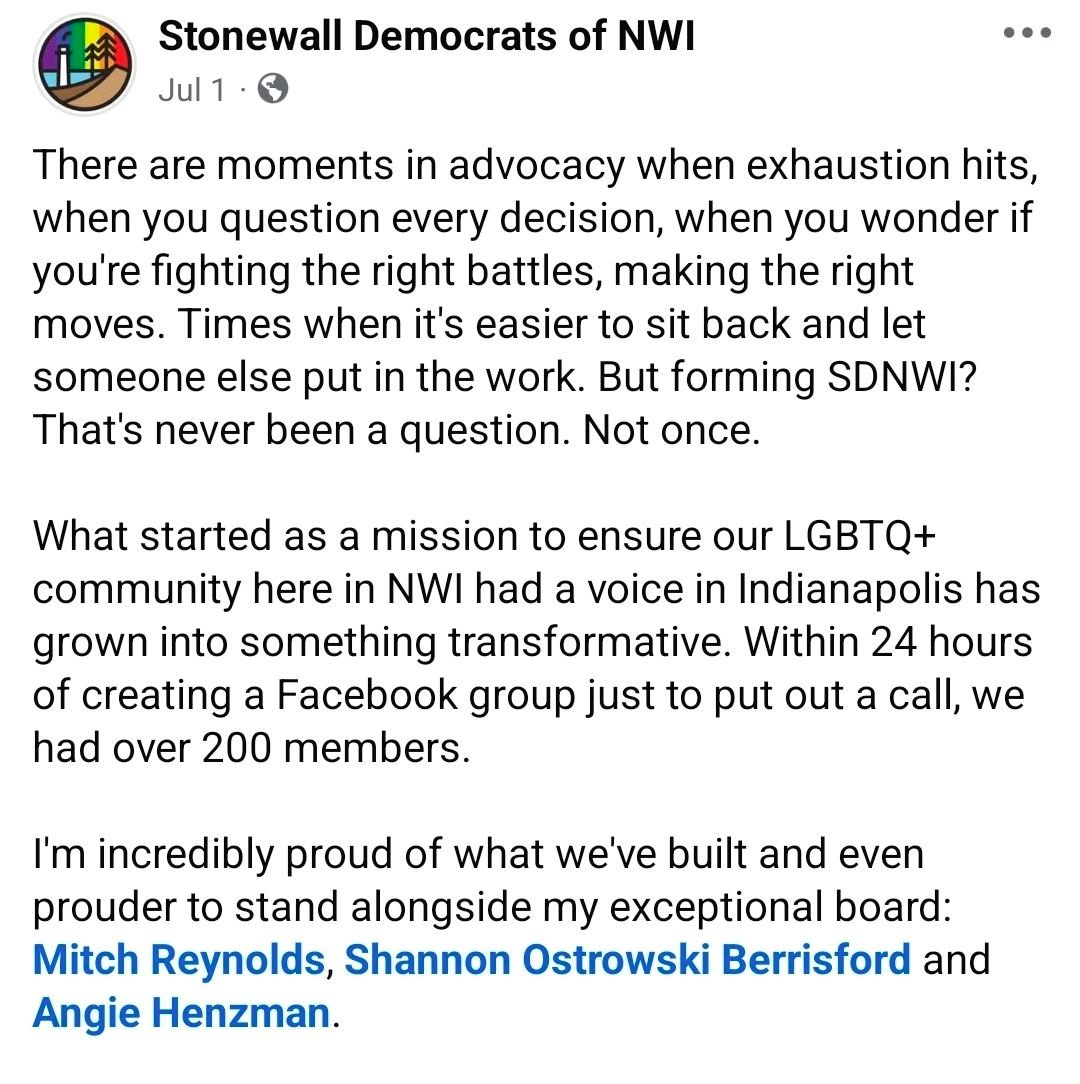 The Stonewall Democrats of NWI post names Mitch Reynolds, Shannon Ostrowski Berrisford, and Angie Henzman as its board.