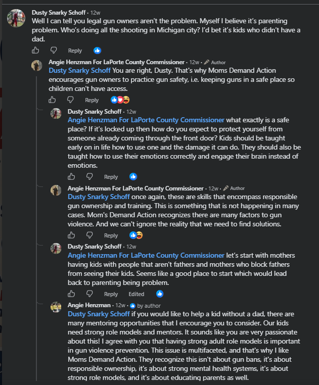 The supplied Facebook thread shows Henzman discussing safe storage, responsible gun ownership and training, mentoring, strong mental health systems and parent education; she says this is not about gun bans.